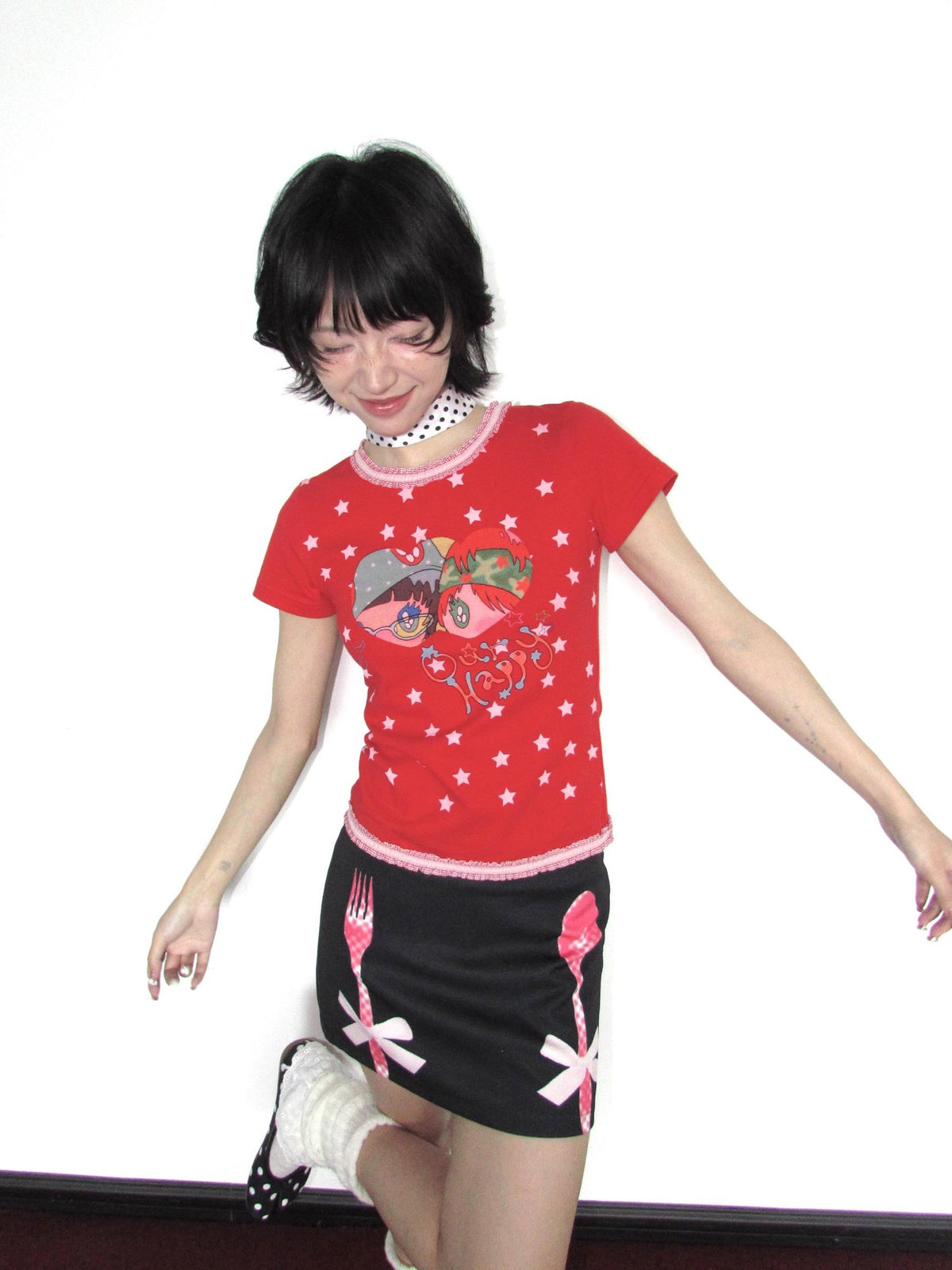 OurHappy Lace Trim Cartoon Cross Micro Print Women&