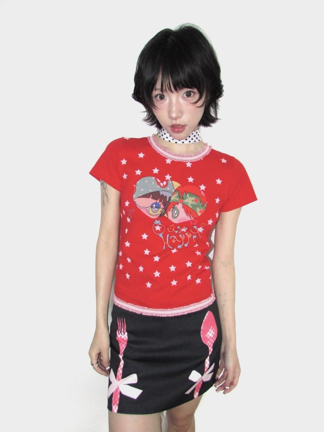 OurHappy Lace Trim Cartoon Cross Micro Print Women&