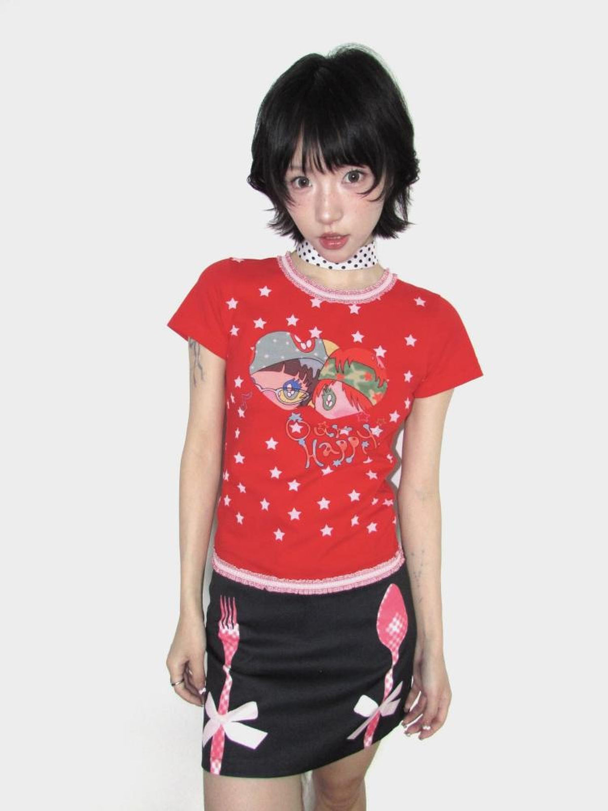 OurHappy Lace Trim Cartoon Cross Micro Print Women&