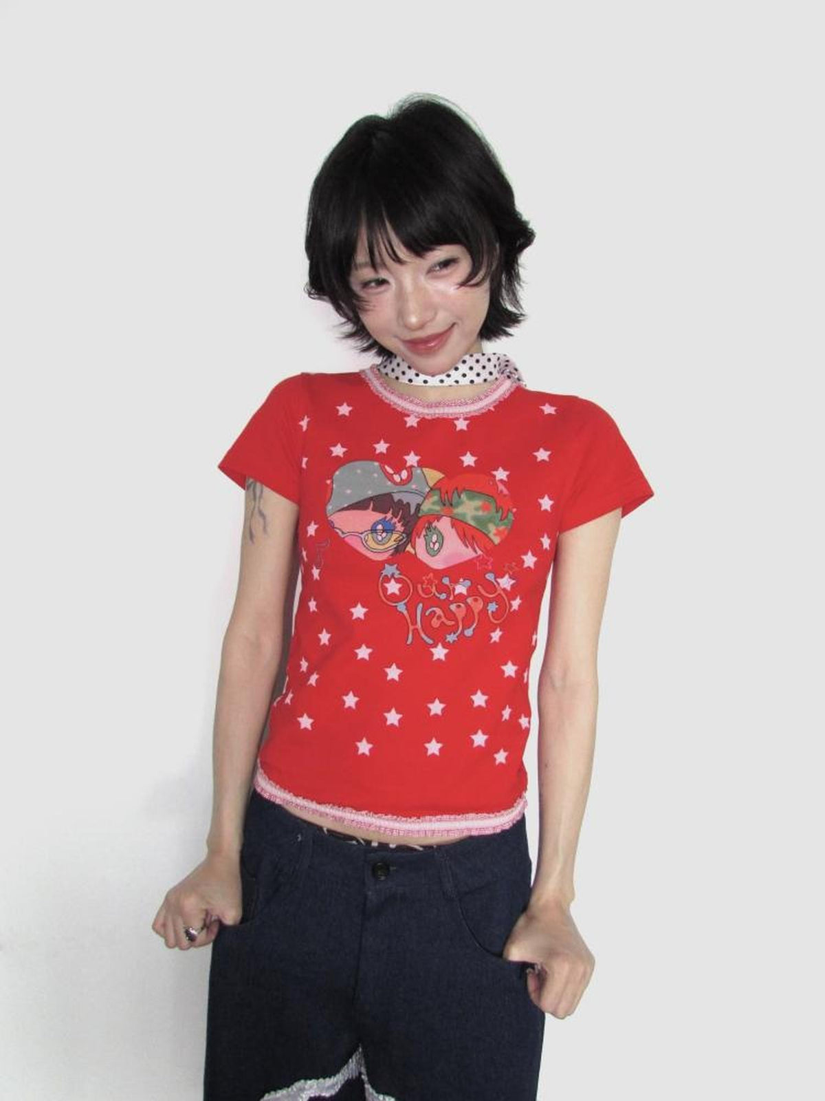 OurHappy Lace Trim Cartoon Cross Micro Print Women&