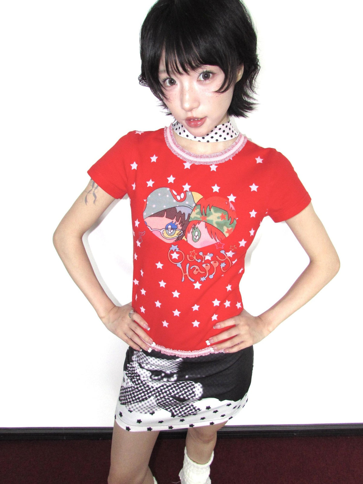 OurHappy Lace Trim Cartoon Cross Micro Print Women&