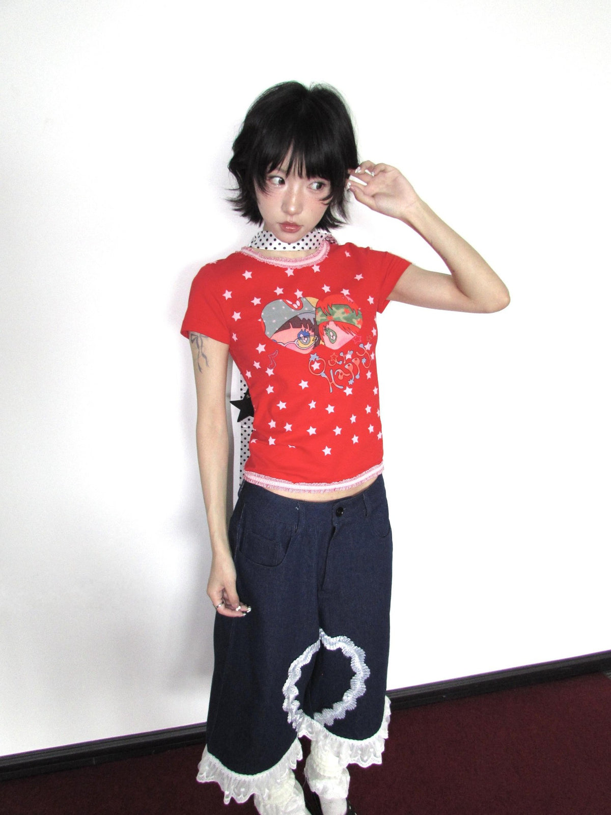 OurHappy Lace Trim Cartoon Cross Micro Print Women&