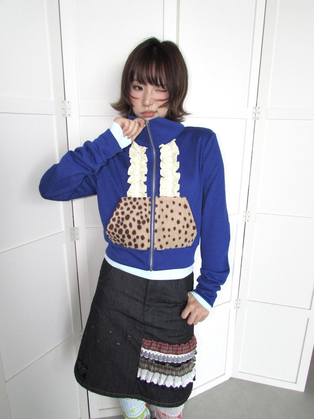 OurHappy Lace Trim Deer Print Zip Up Cropped Women&