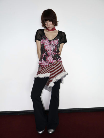 OurHappy Lace Trim Single Panel Ruffle Hem Women&