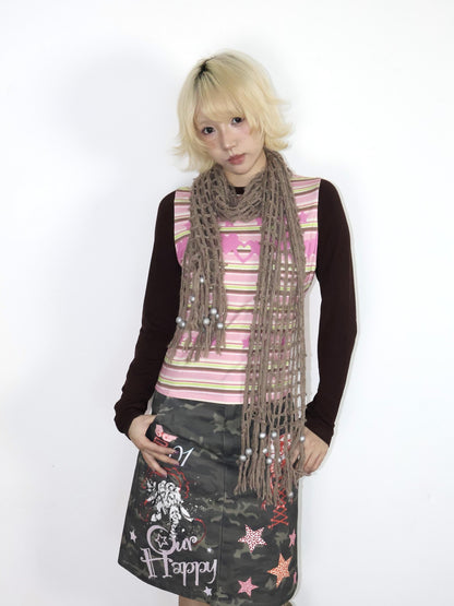 OurHappy Pink Striped Heart Print Contrast Raglan Women&