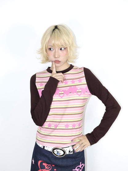 OurHappy Pink Striped Heart Print Contrast Raglan Women&