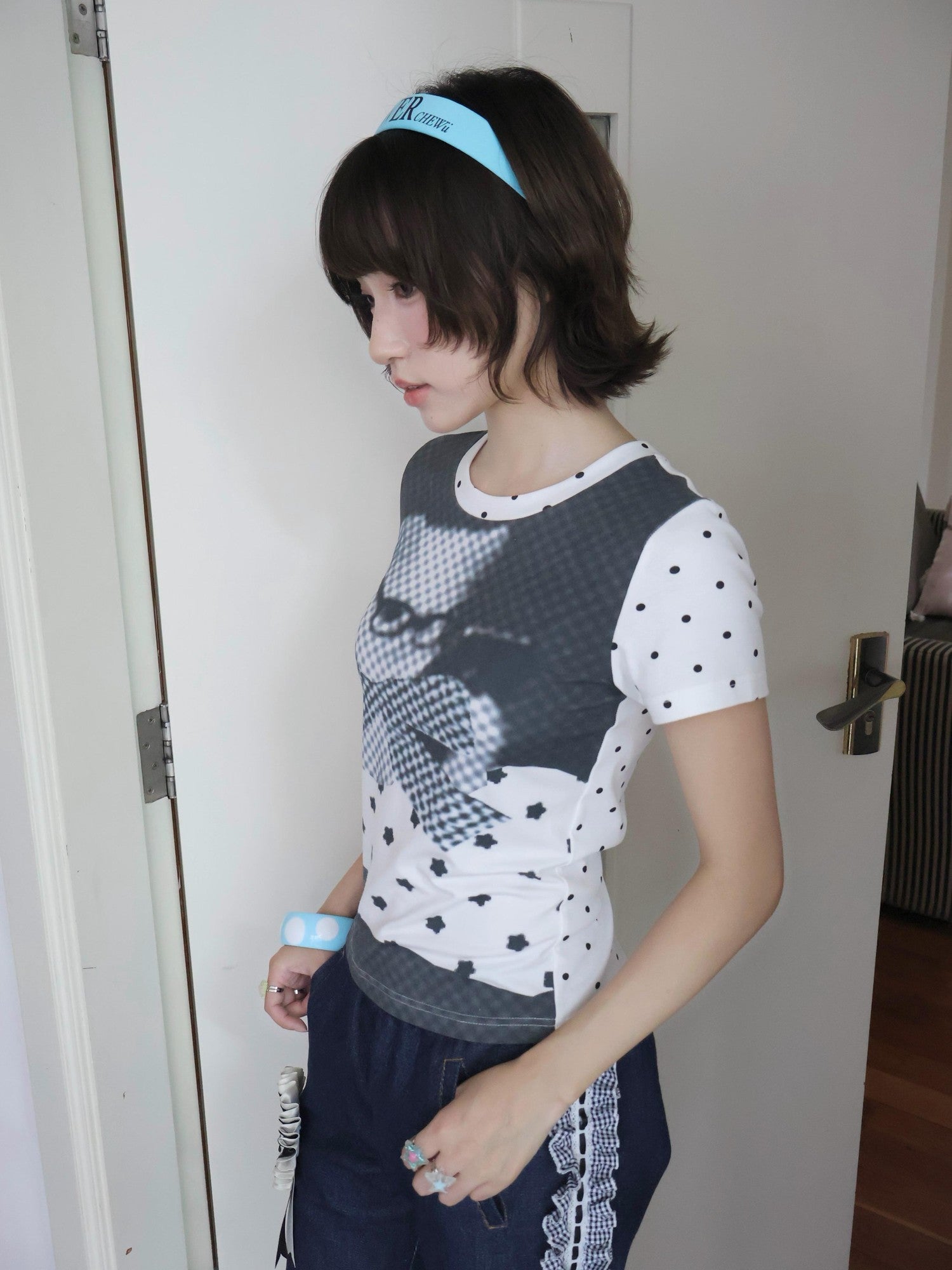 OurHappy Polka Dot Cat Print Set In Shoulder Women&