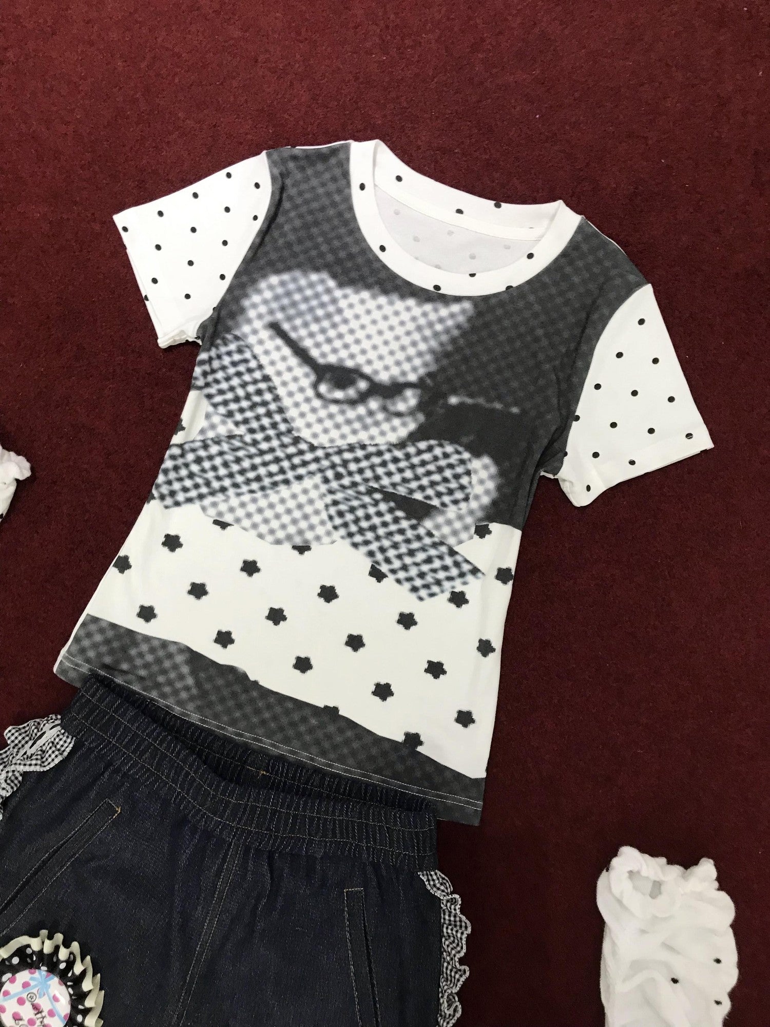 OurHappy Polka Dot Cat Print Set In Shoulder Women&