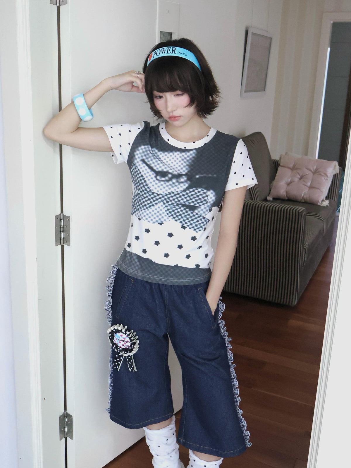 OurHappy Polka Dot Cat Print Set In Shoulder Women&