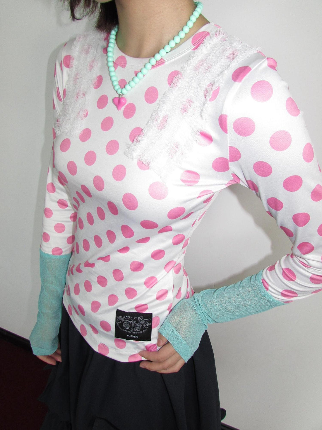 OurHappy Polka Dot Lace Trim Contrast Sleeves Women&