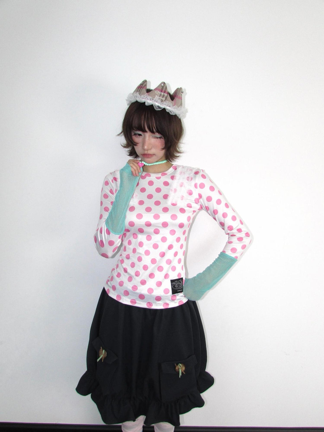 OurHappy Polka Dot Lace Trim Contrast Sleeves Women&