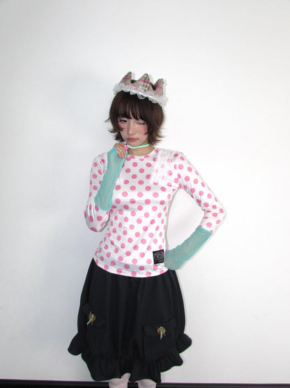 OurHappy Polka Dot Lace Trim Contrast Sleeves Women&