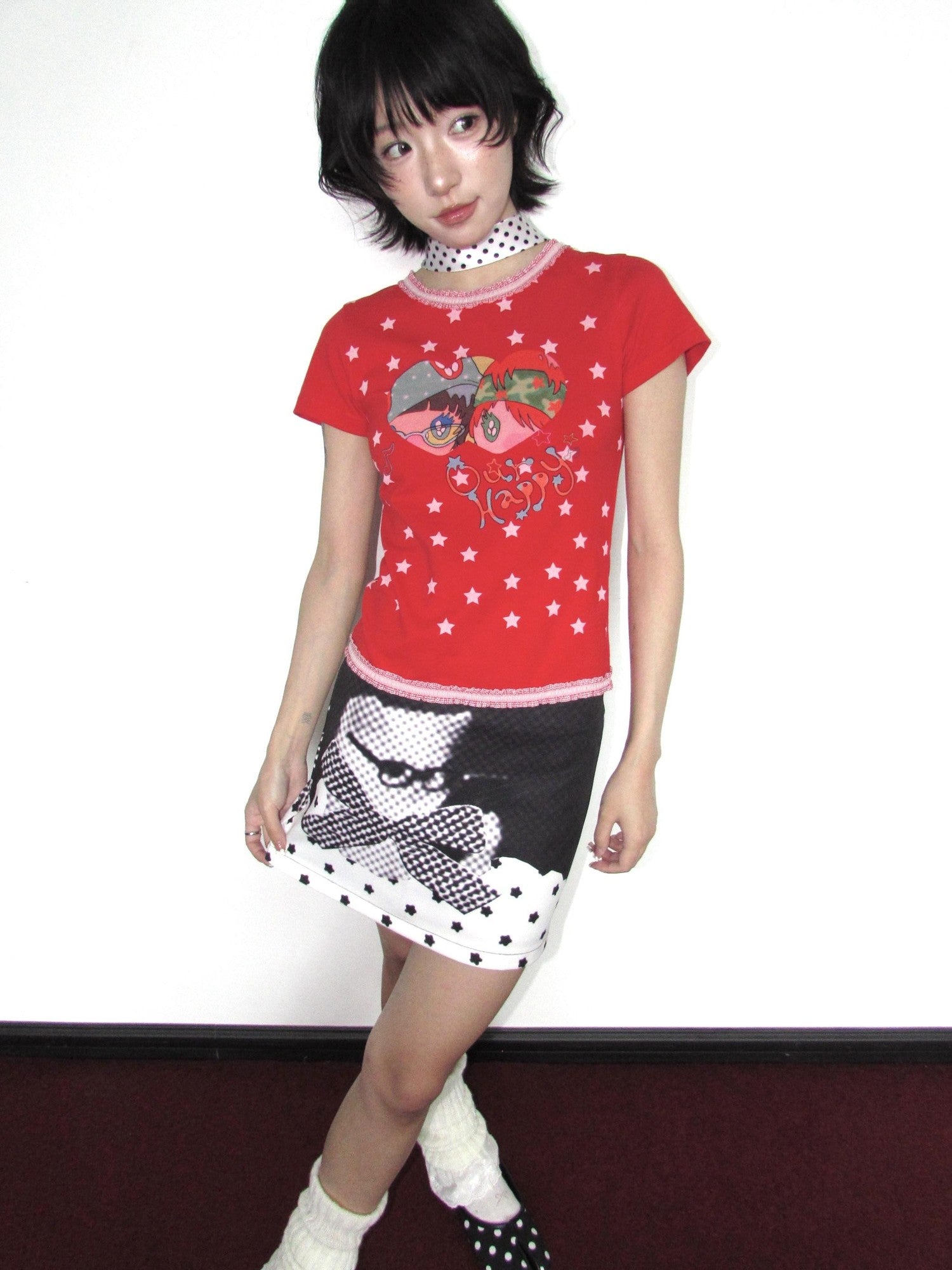 OurHappy Polka Dot Star Cat Print Bow A Line Women&