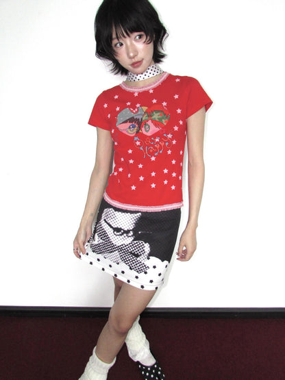 OurHappy Polka Dot Star Cat Print Bow A Line Women&
