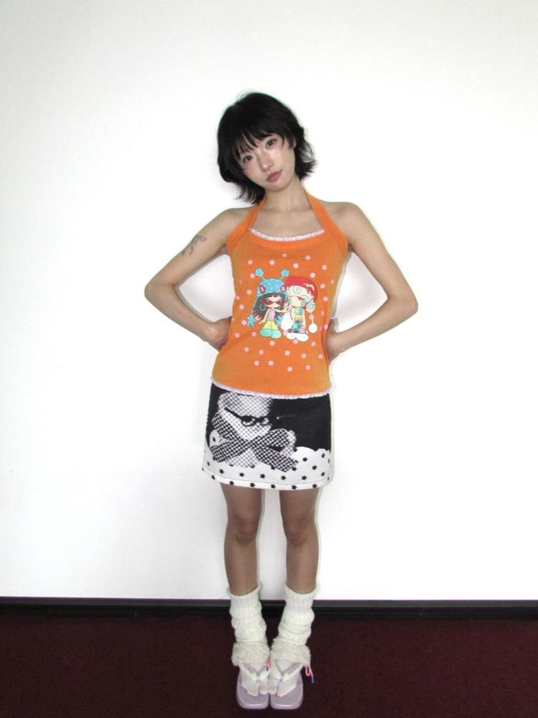 OurHappy Polka Dot Star Cat Print Bow A Line Women&