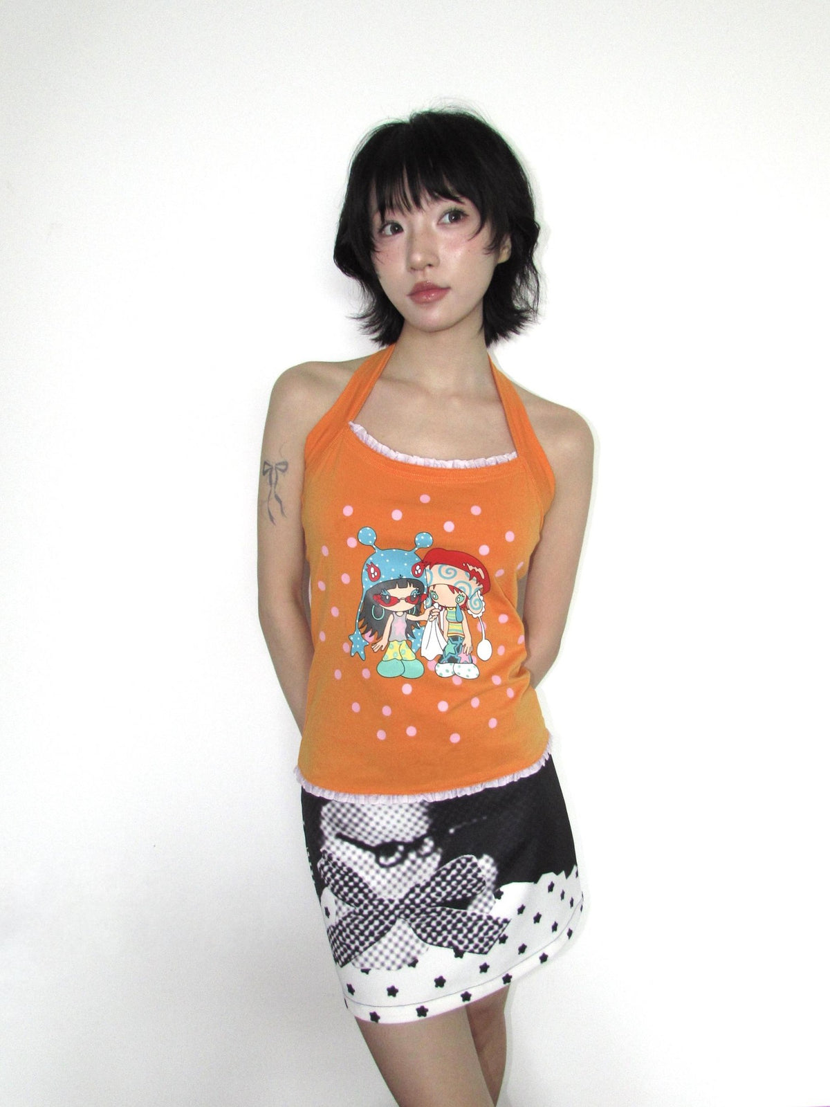 OurHappy Polka Dot Star Cat Print Bow A Line Women&