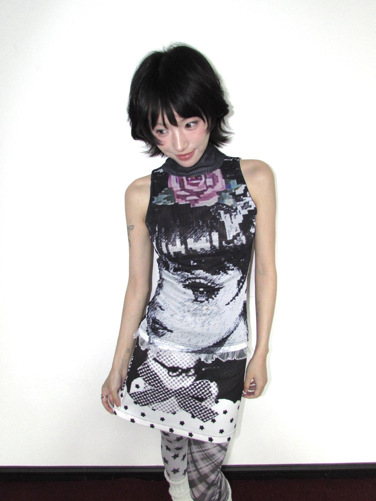 OurHappy Polka Dot Star Cat Print Bow A Line Women&