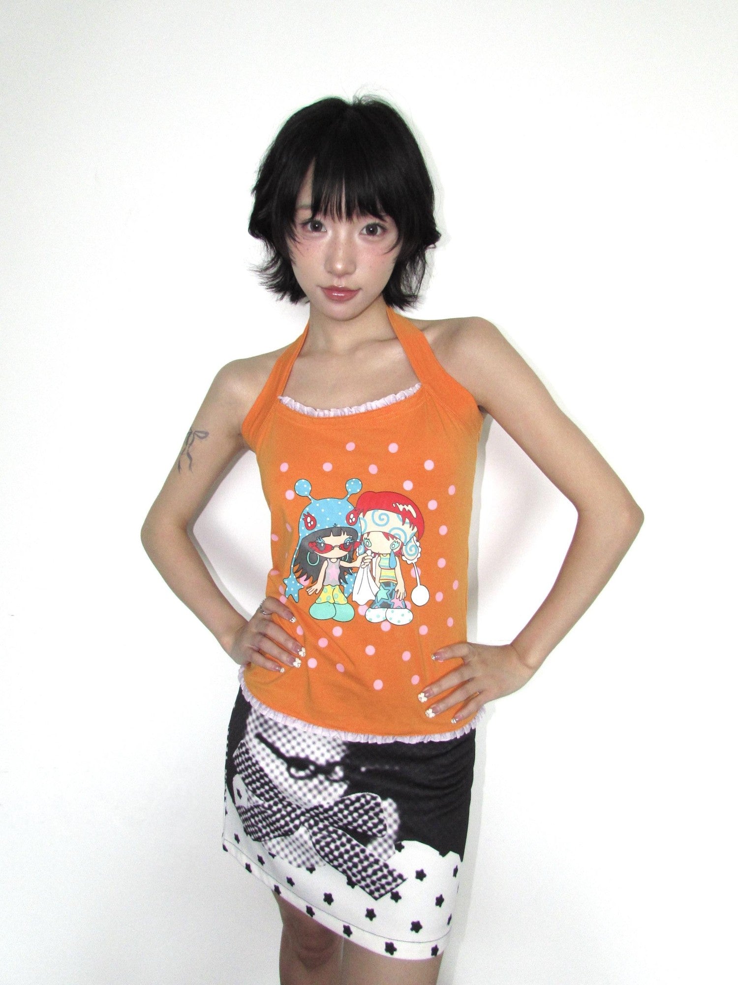 OurHappy Polka Dot Star Cat Print Bow A Line Women&