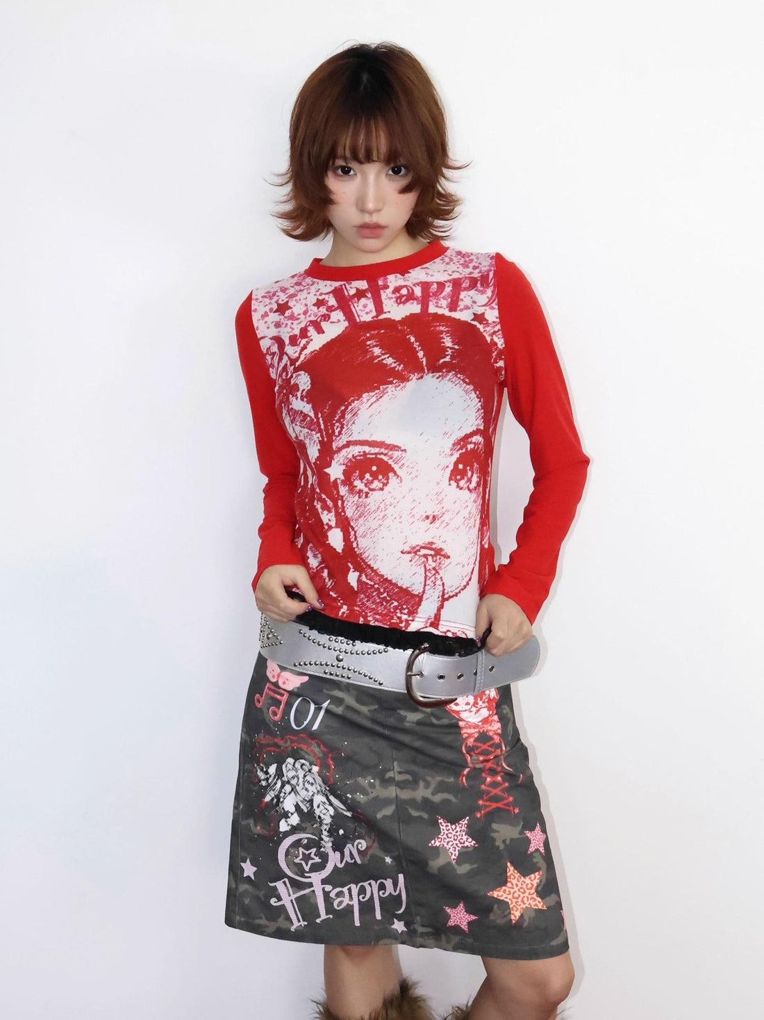 OurHappy Red Tone Lace Trim Fuzzy Velvet Slim Fit Women&