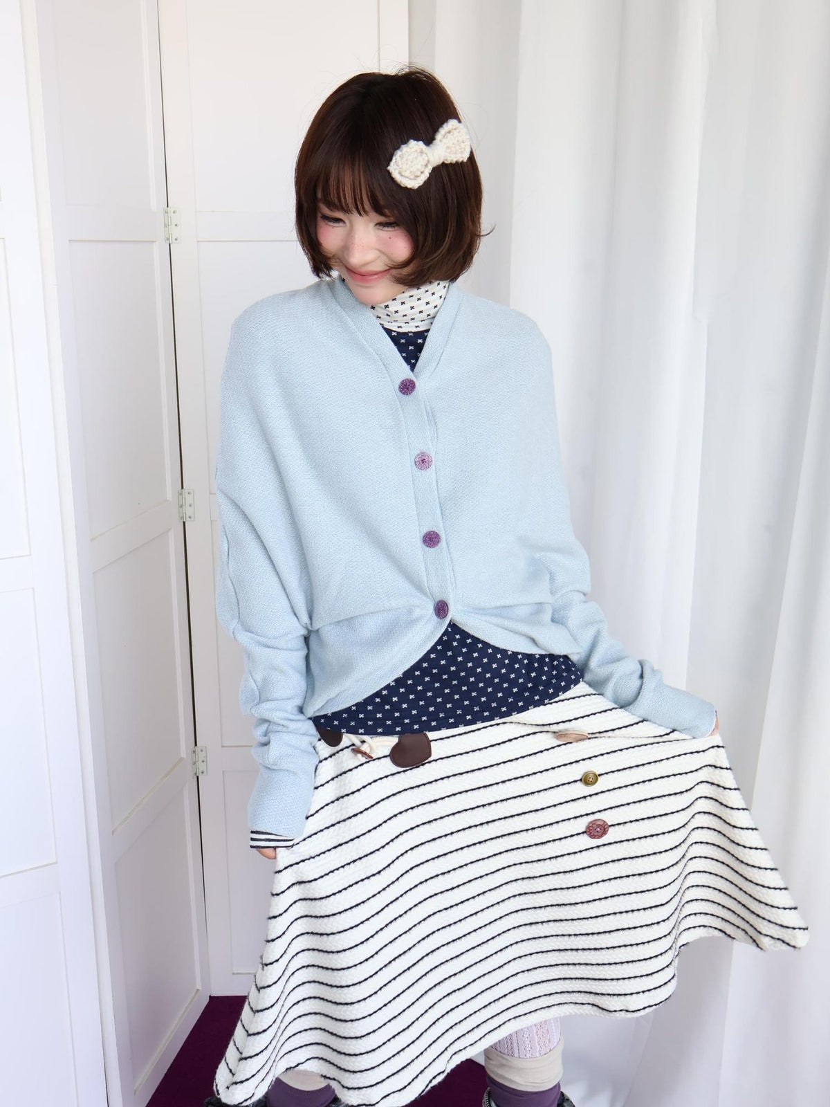 OurHappy Shimmer Knit Batwing Sleeve Button Cardigan Women&