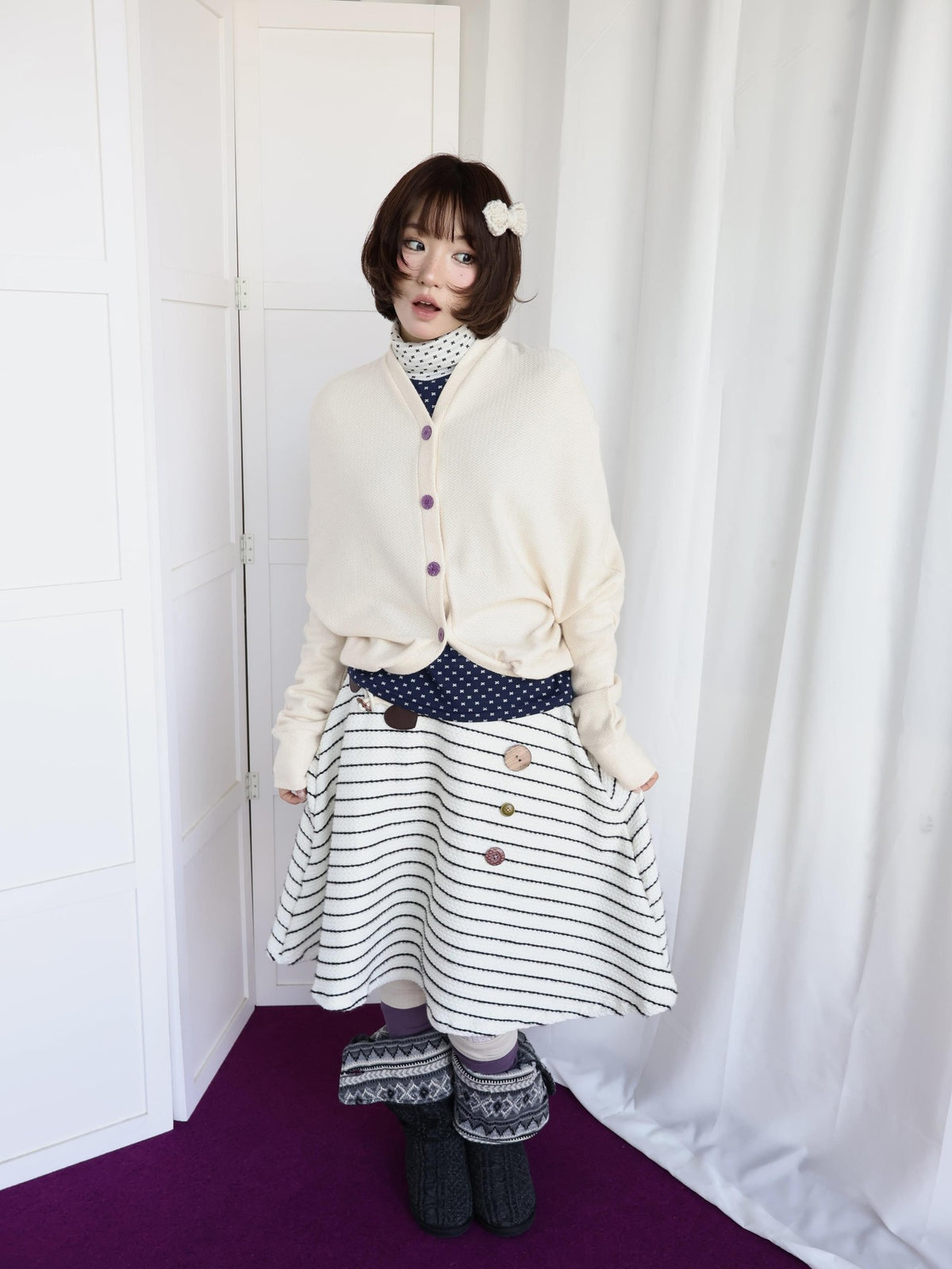 OurHappy Shimmer Knit Batwing Sleeve Button Cardigan Women&