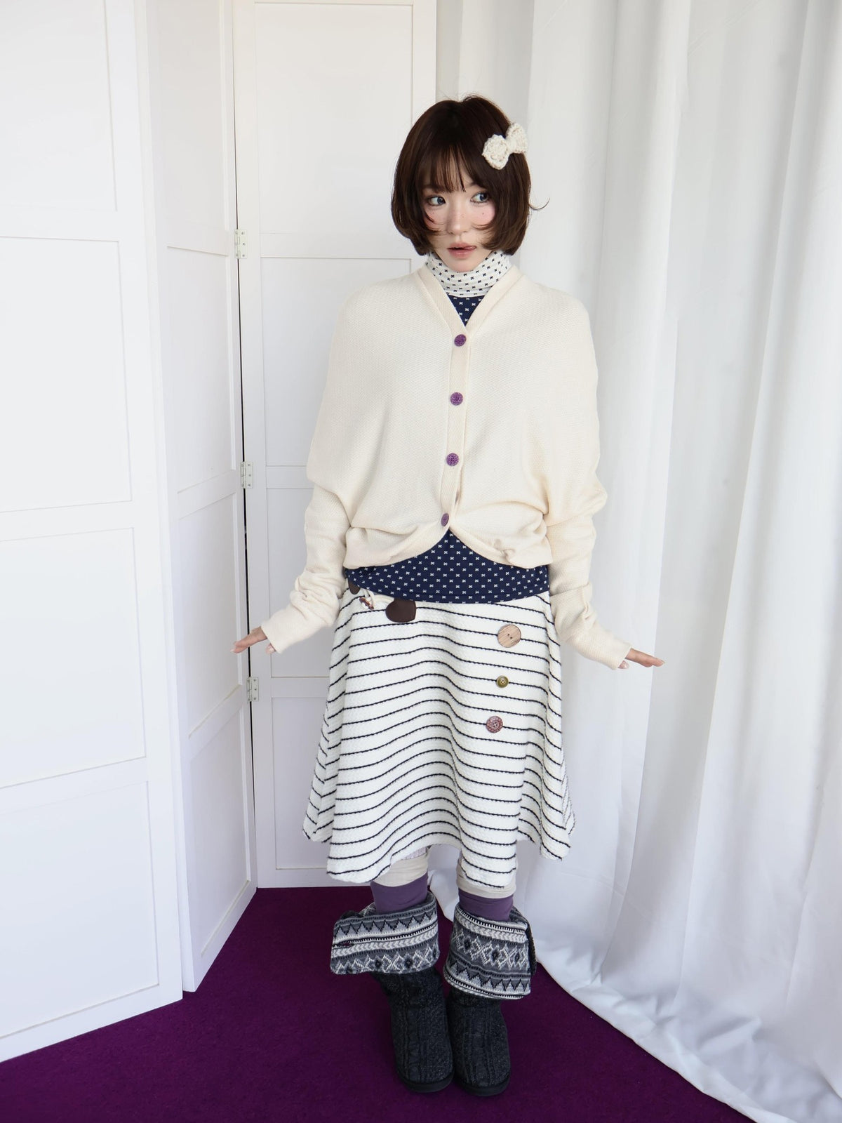 OurHappy Shimmer Knit Batwing Sleeve Button Cardigan Women&