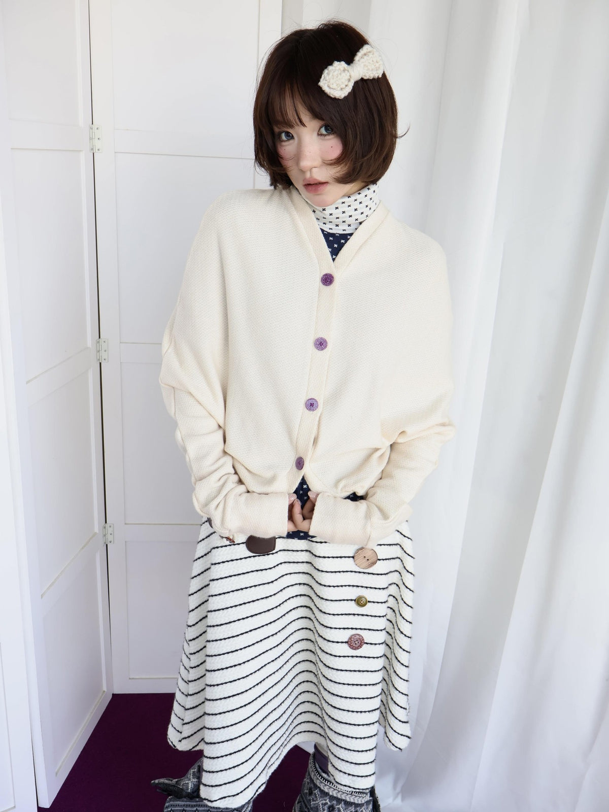 OurHappy Shimmer Knit Batwing Sleeve Button Cardigan Women&