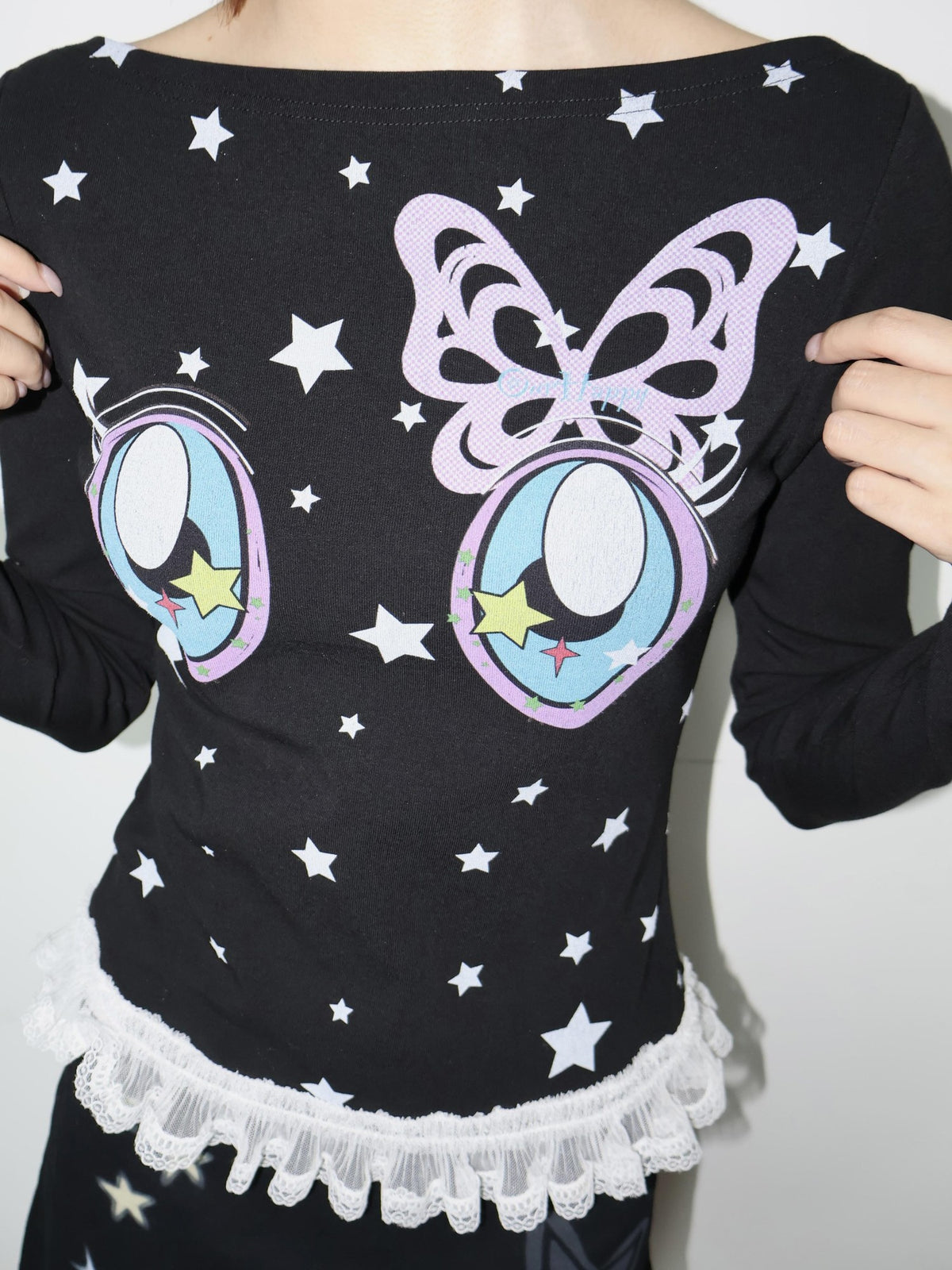 OurHappy Star Comic Print Washed Boat Neck Women&