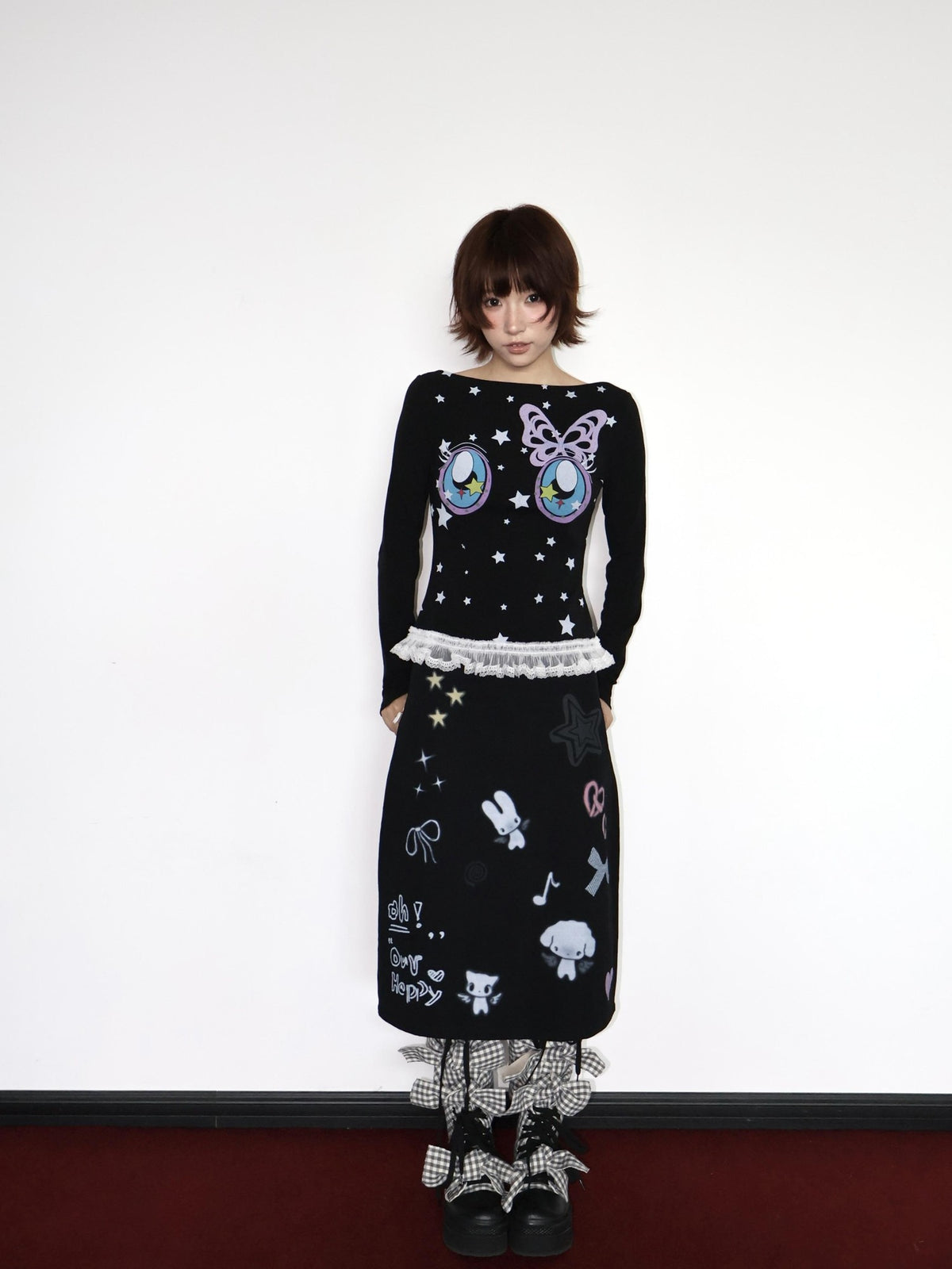 OurHappy Star Comic Print Washed Boat Neck Women&
