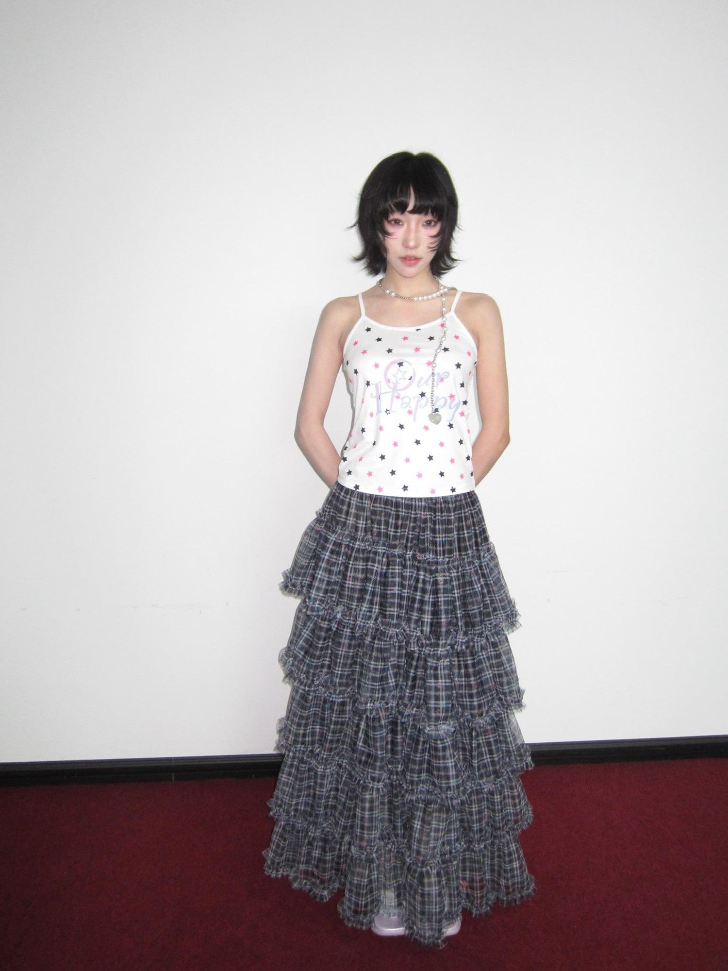 OurHappy Star Grid Tiered Ruffle Pleated Women&