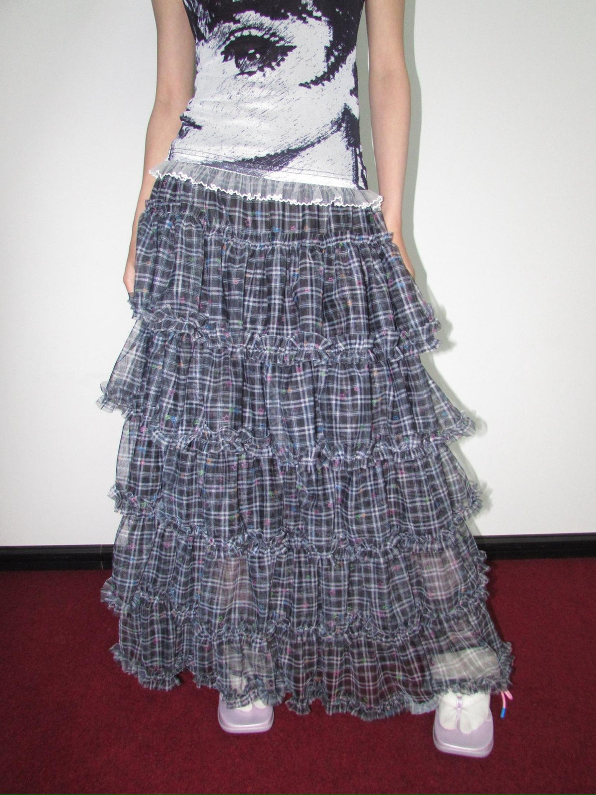 OurHappy Star Grid Tiered Ruffle Pleated Women&
