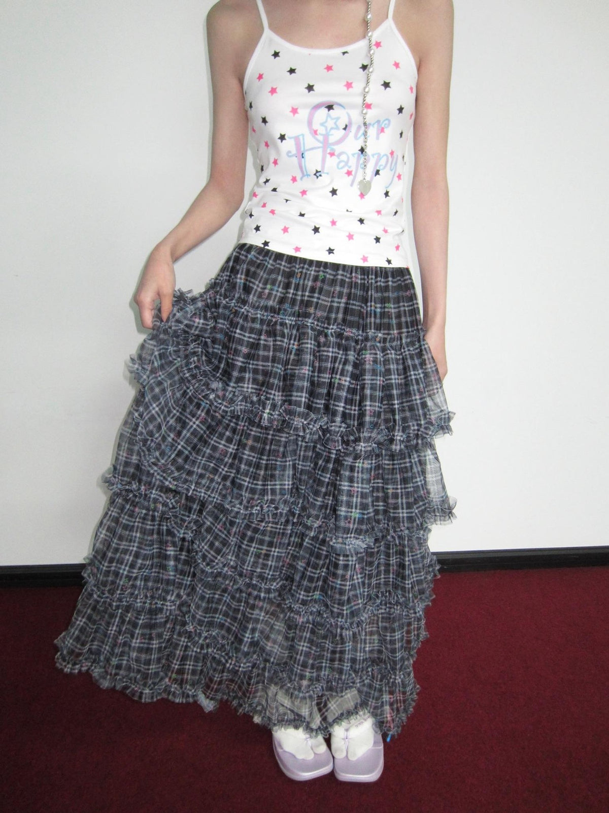 OurHappy Star Grid Tiered Ruffle Pleated Women&