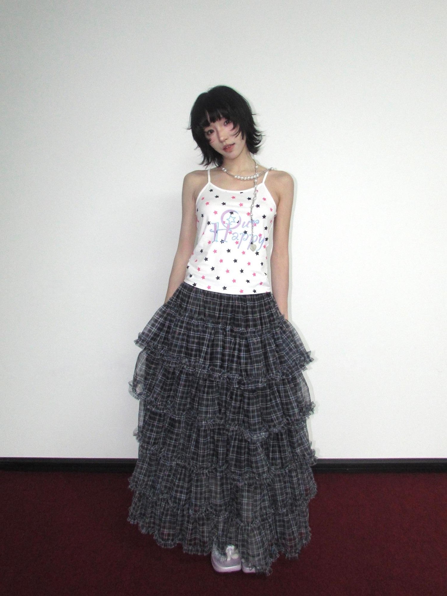 OurHappy Star Grid Tiered Ruffle Pleated Women&