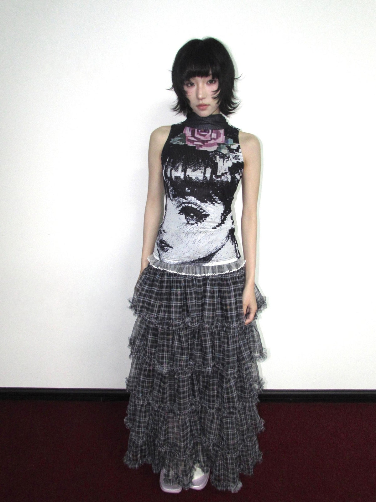OurHappy Star Grid Tiered Ruffle Pleated Women&