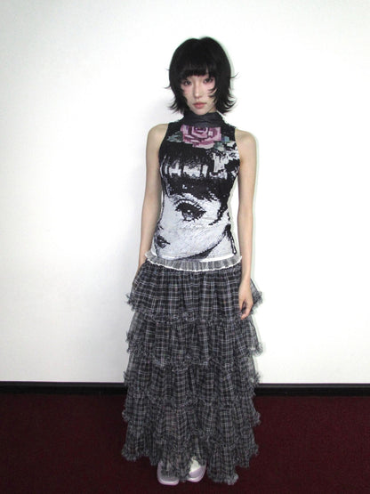 OurHappy Star Grid Tiered Ruffle Pleated Women&