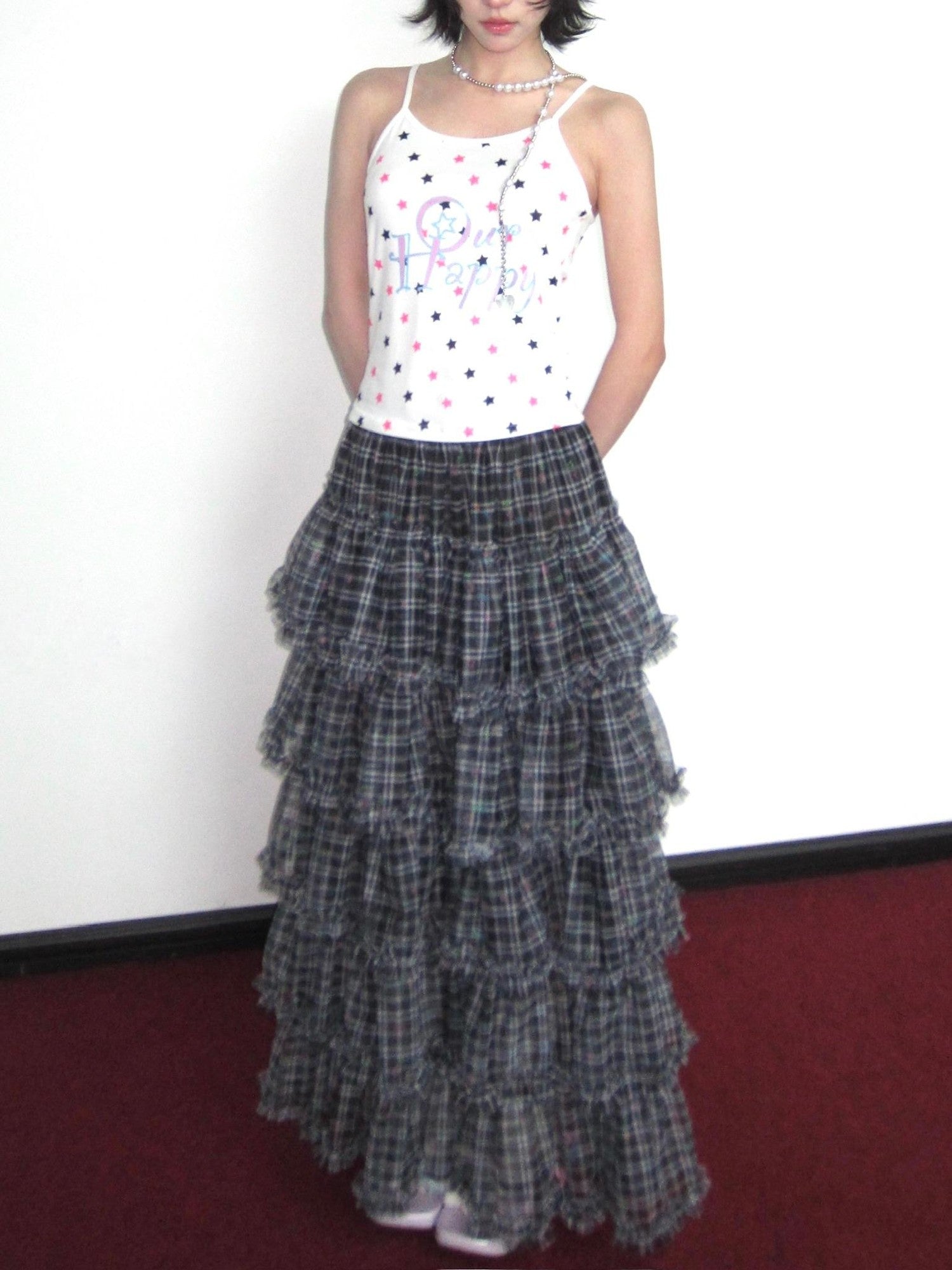 OurHappy Star Grid Tiered Ruffle Pleated Women&
