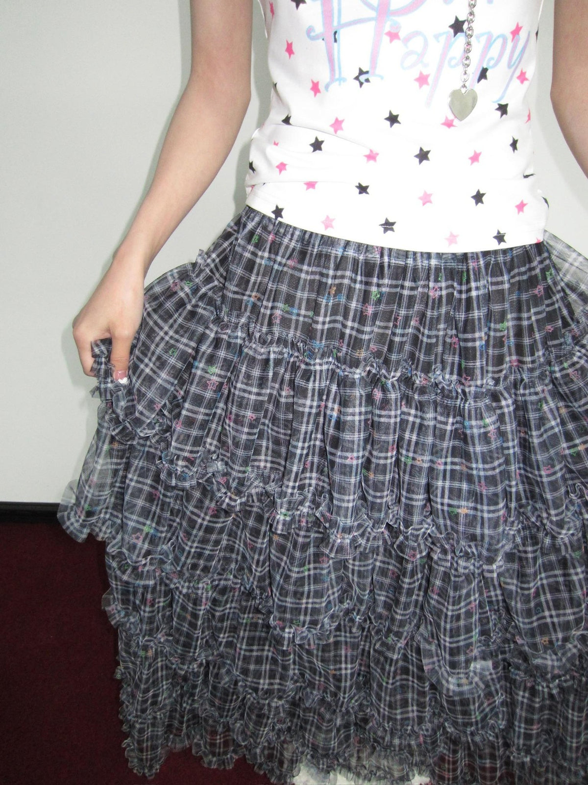 OurHappy Star Grid Tiered Ruffle Pleated Women&