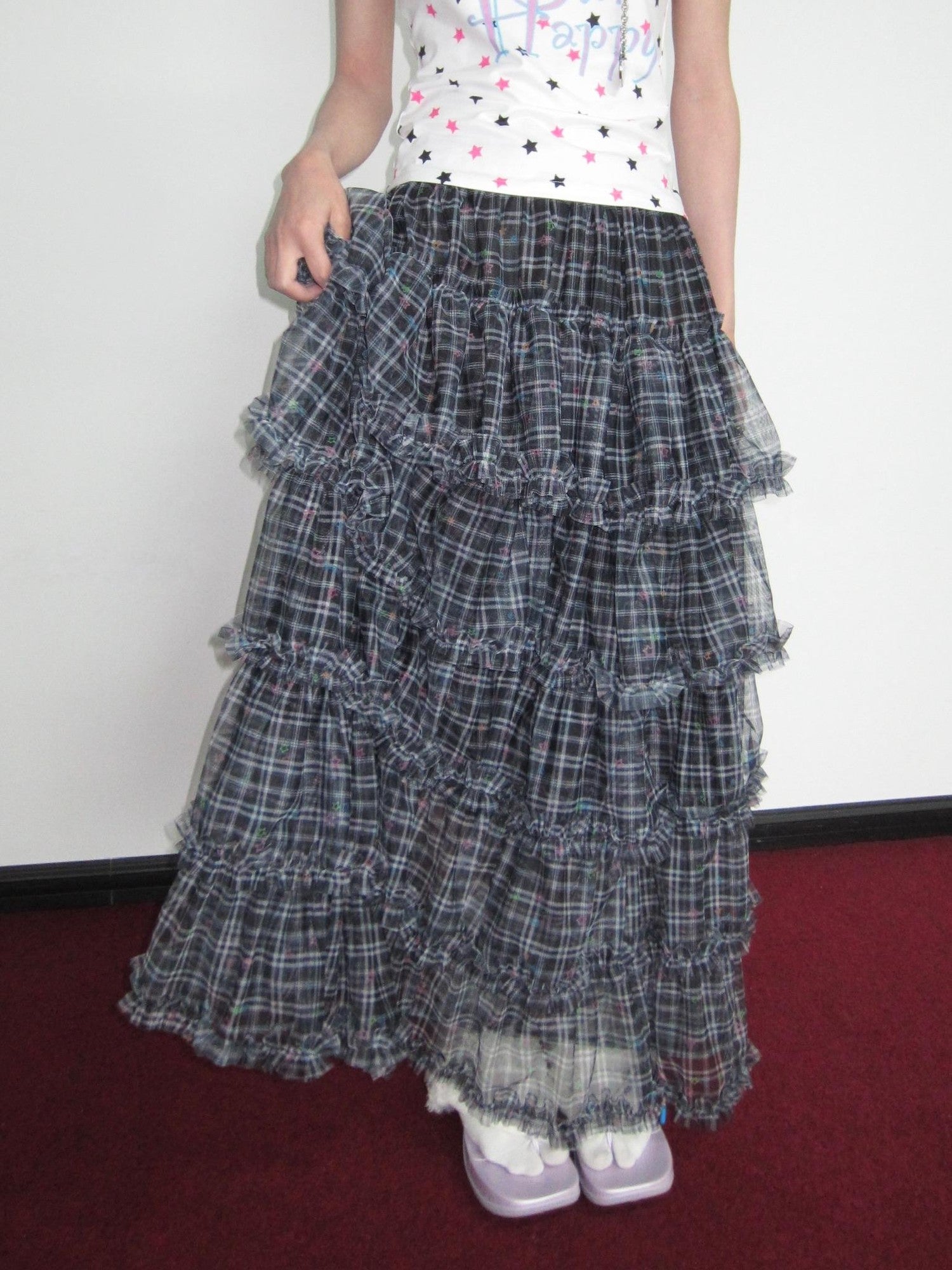 OurHappy Star Grid Tiered Ruffle Pleated Women&