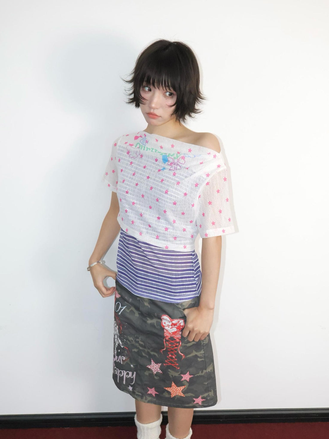 OurHappy Star Print Two Piece Illusion Loose Women&
