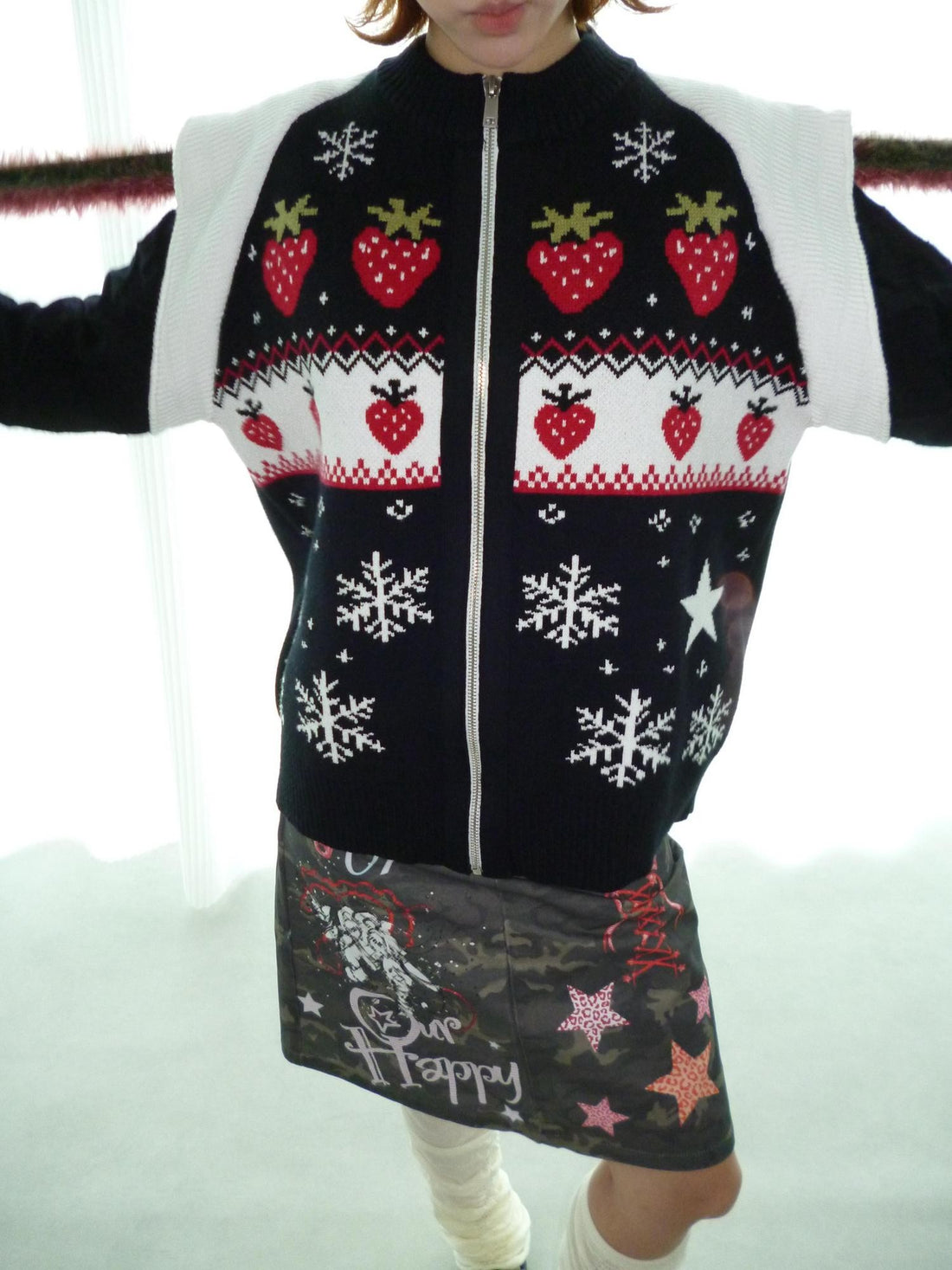OurHappy Strawberry Fair Isle Jacquard Zipper Loose Warm Women&