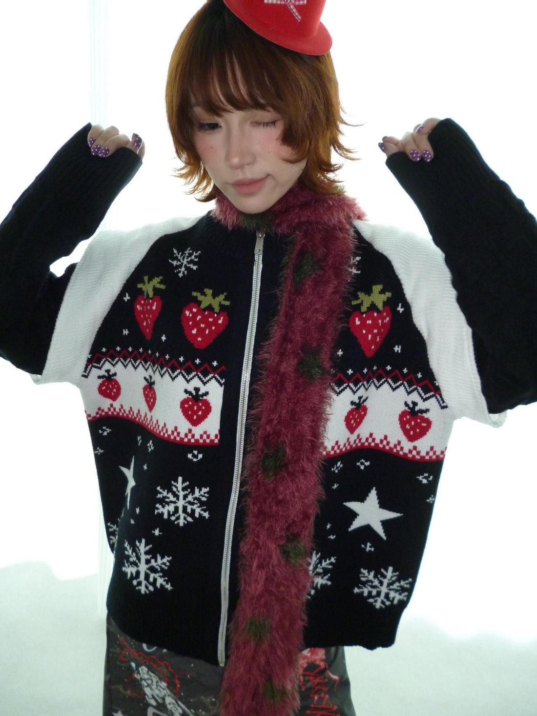 OurHappy Strawberry Fair Isle Jacquard Zipper Loose Warm Women&