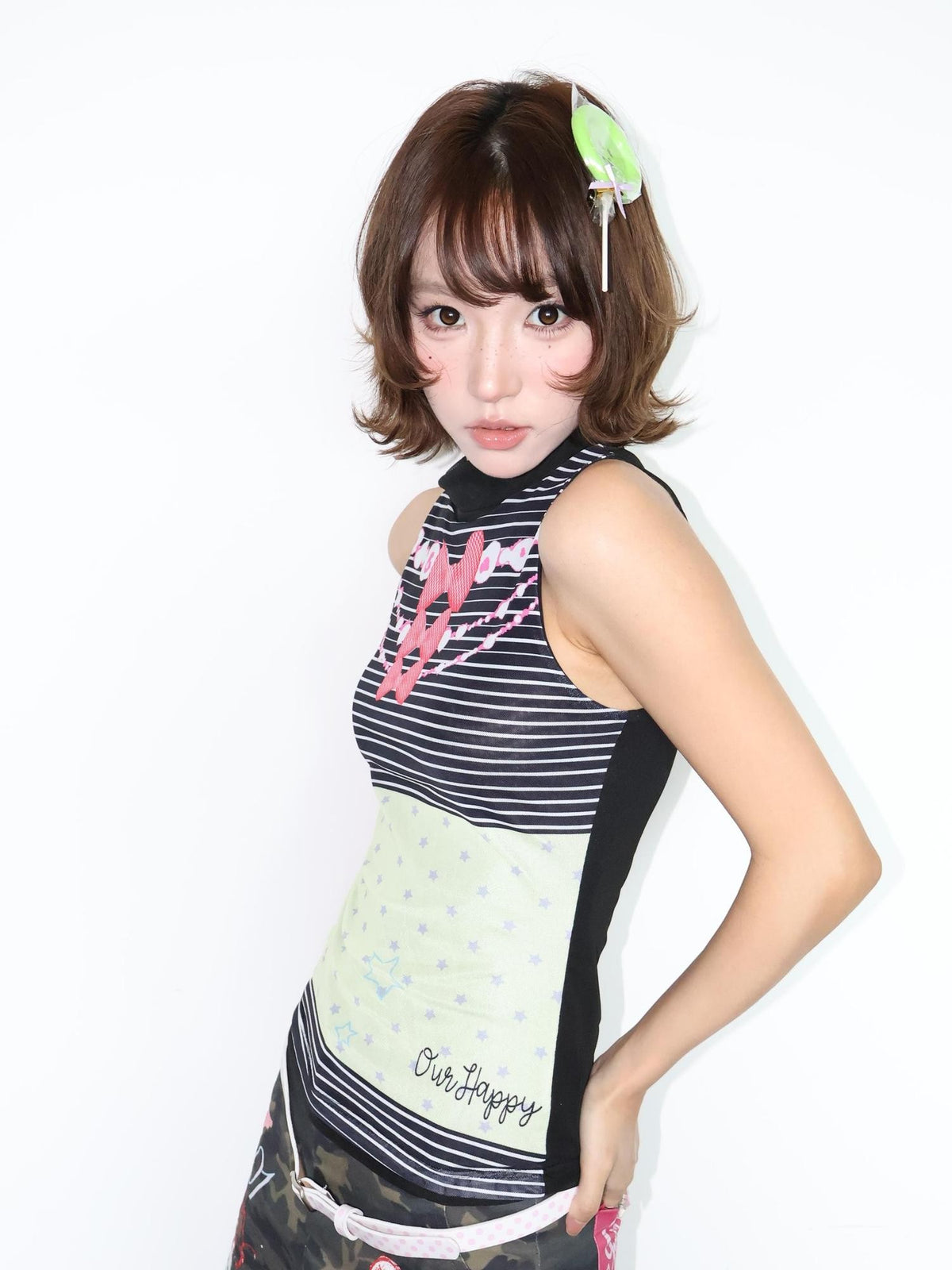 OurHappy Striped Butterfly Bow Print Double Layer Fitted Women&