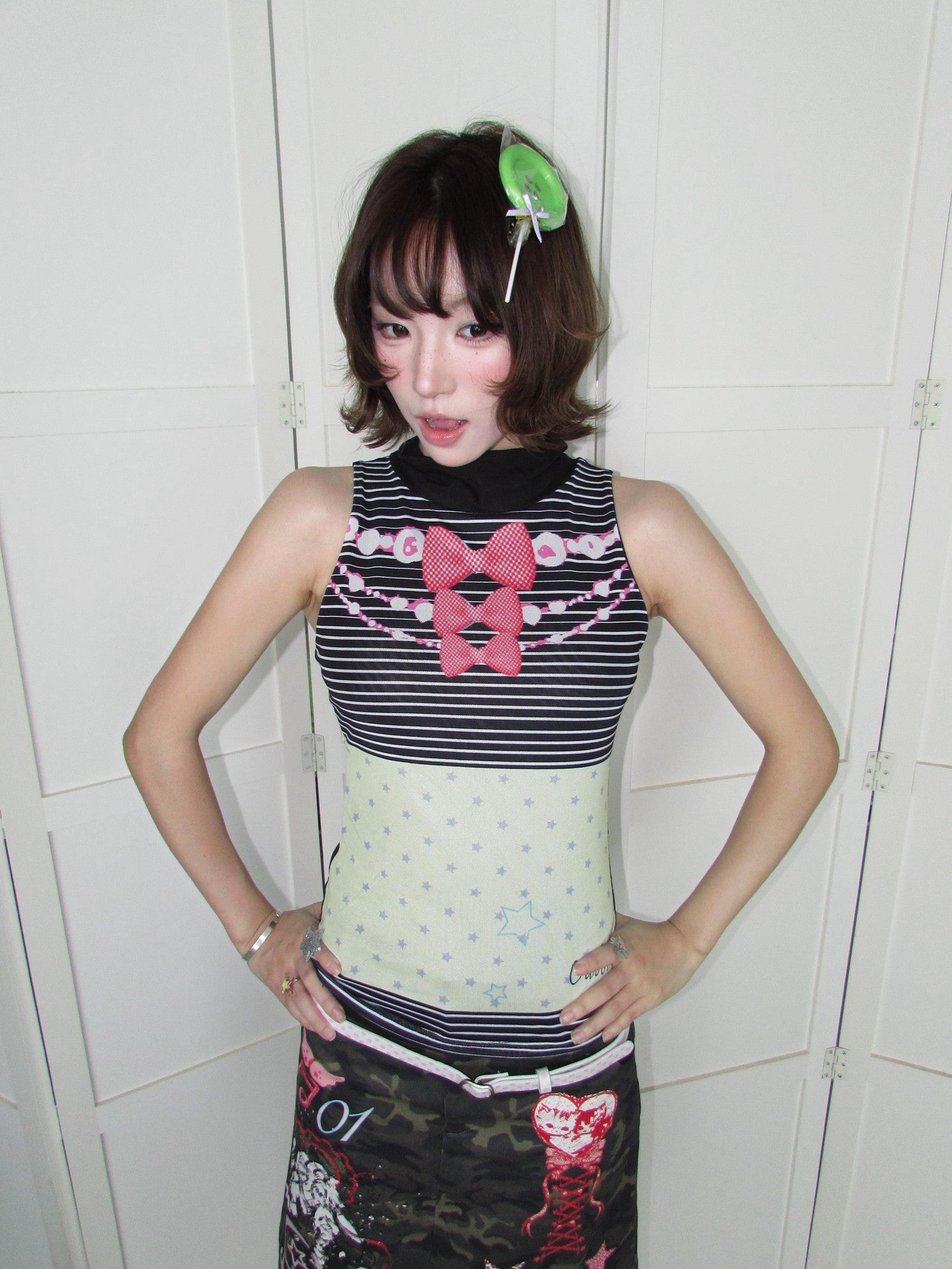 OurHappy Striped Butterfly Bow Print Double Layer Fitted Women&