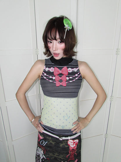 OurHappy Striped Butterfly Bow Print Double Layer Fitted Women&