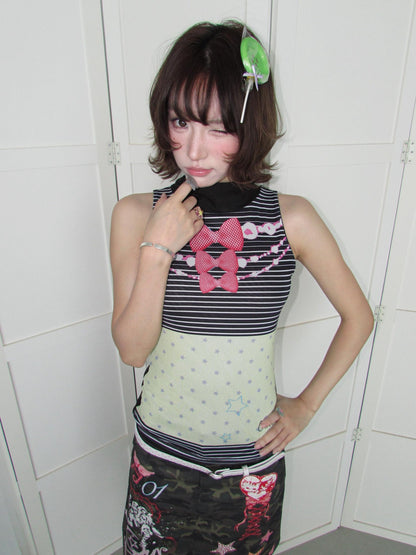 OurHappy Striped Butterfly Bow Print Double Layer Fitted Women&