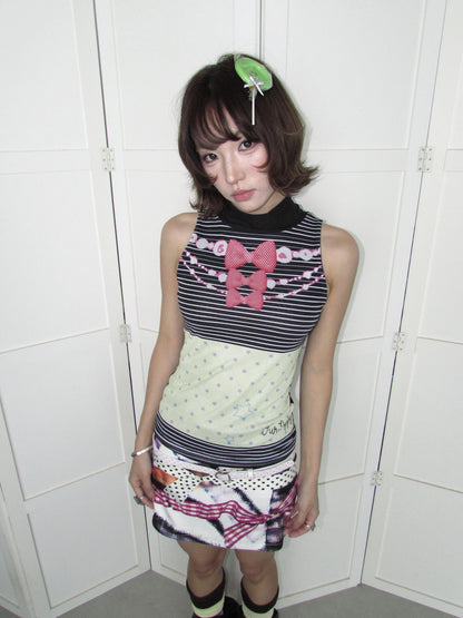 OurHappy Striped Butterfly Bow Print Double Layer Fitted Women&