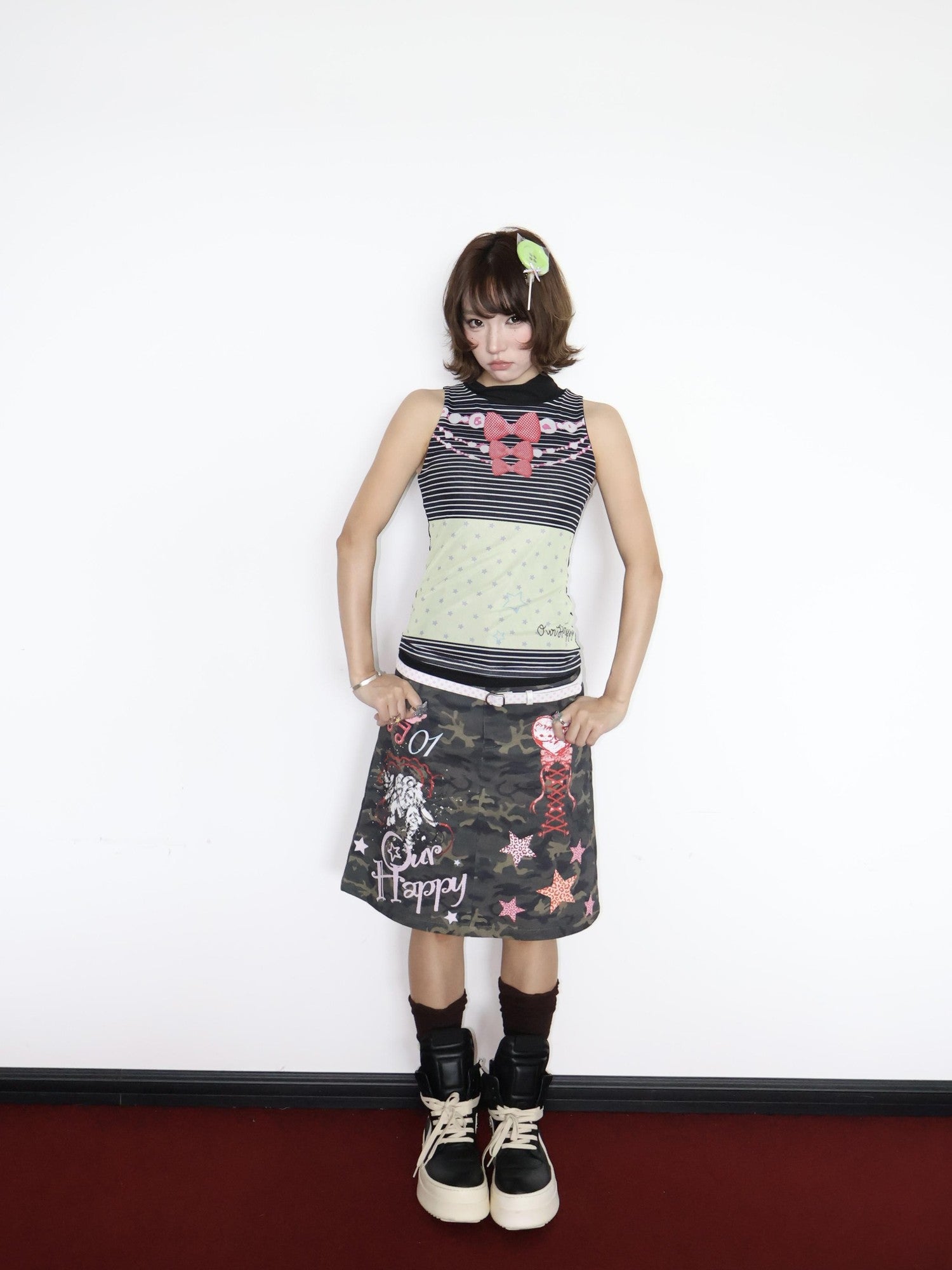 OurHappy Striped Butterfly Bow Print Double Layer Fitted Women&
