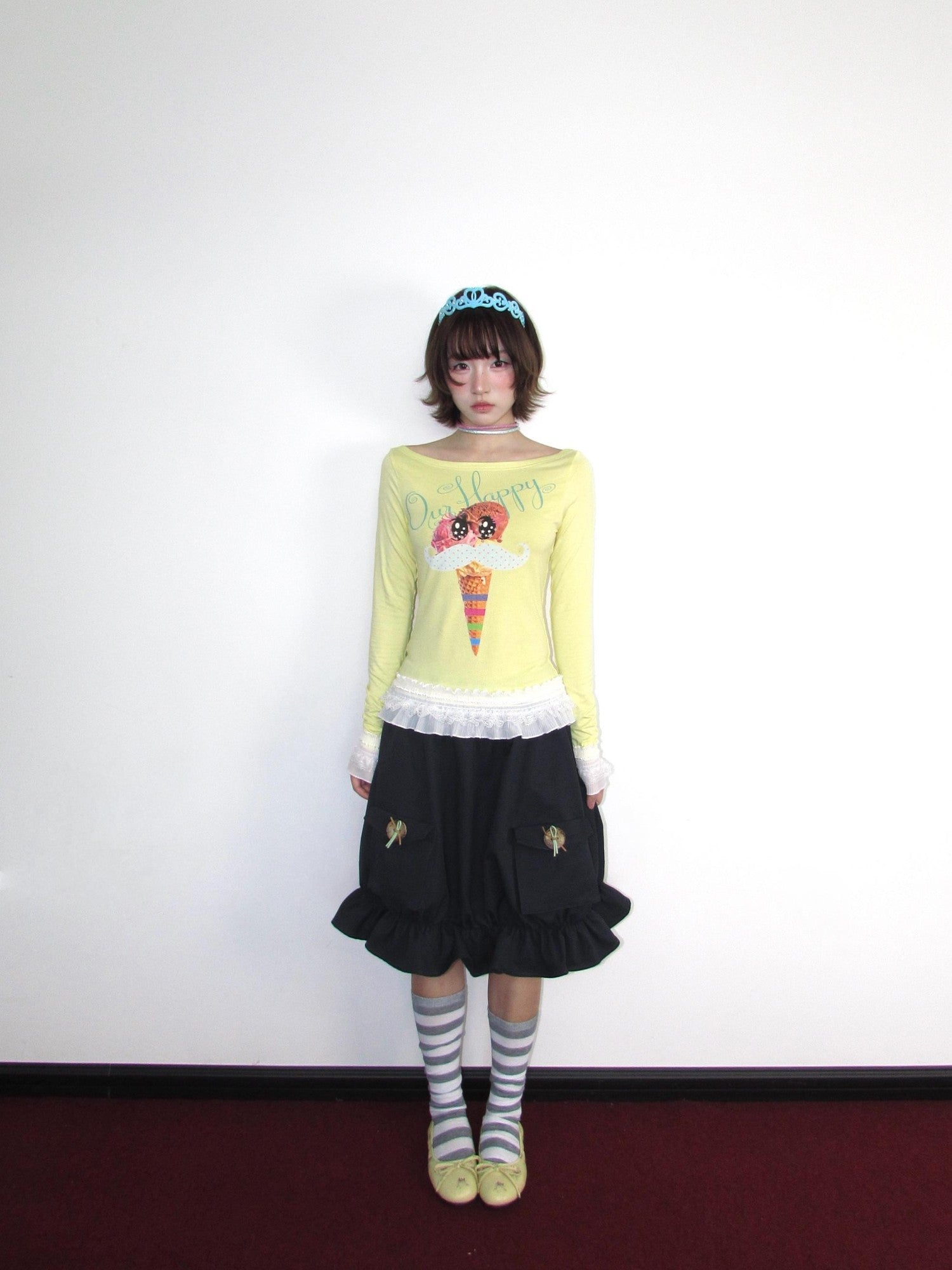 OurHappy Twill 3d Button Embellished Tulip Mid Rise Women&
