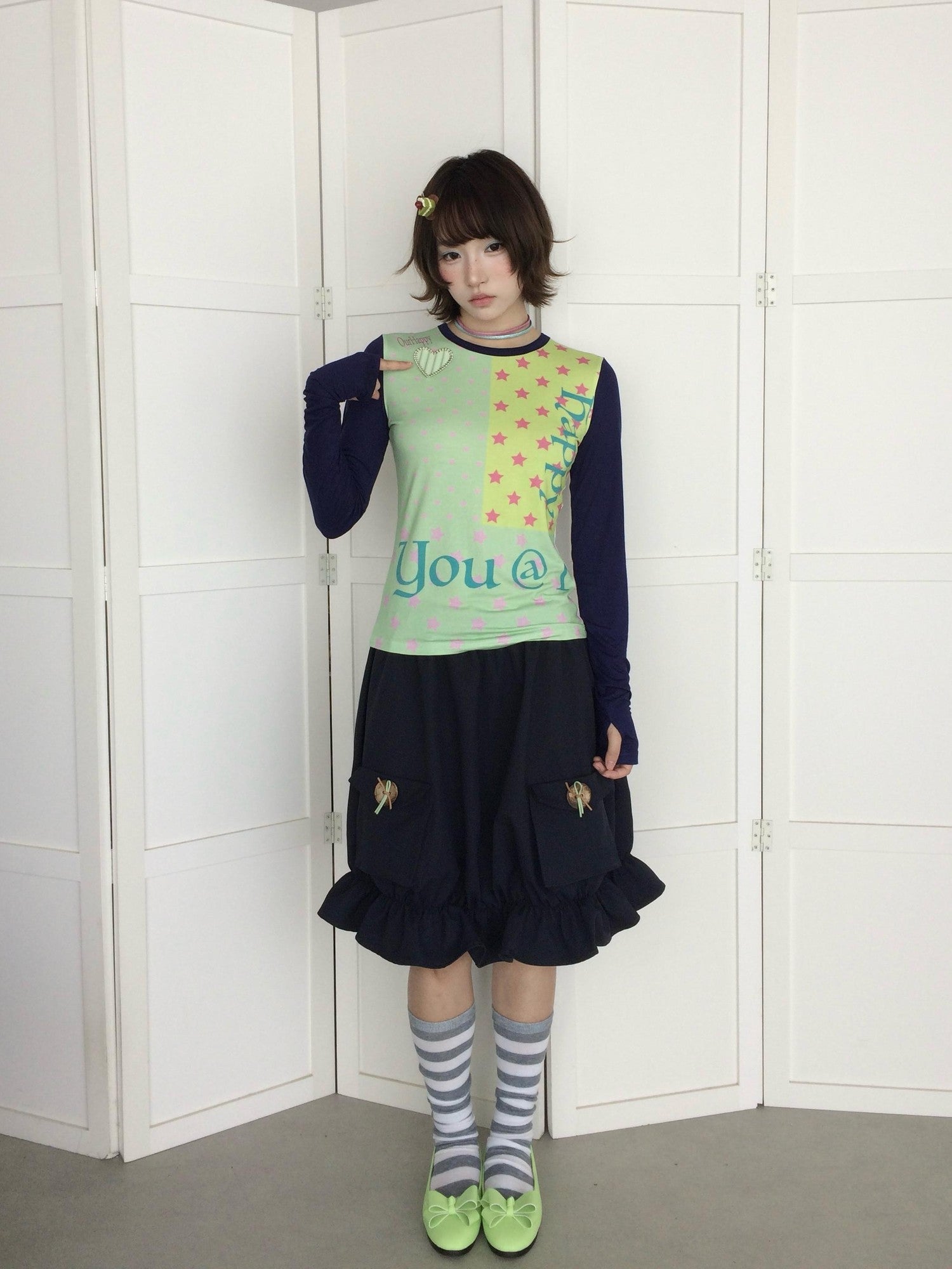 OurHappy Twill 3d Button Embellished Tulip Mid Rise Women&