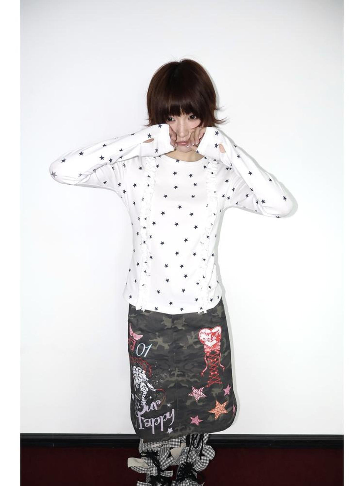 OurHappy Two Tone Star Print Ruffle Thumbhole Women&